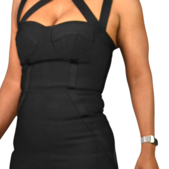 Black Bandage Dress Bodycon Pencil Low Cut Sweetheart LBD Sleeveless Strap Small - Picture 4 of 14